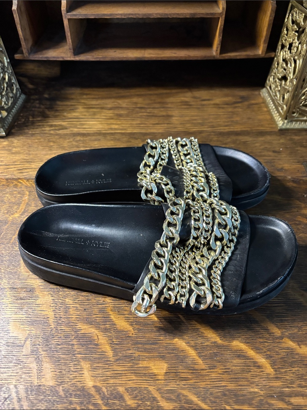 Kendall & Kylie Black Slide Sandals with Gold Chain Detail